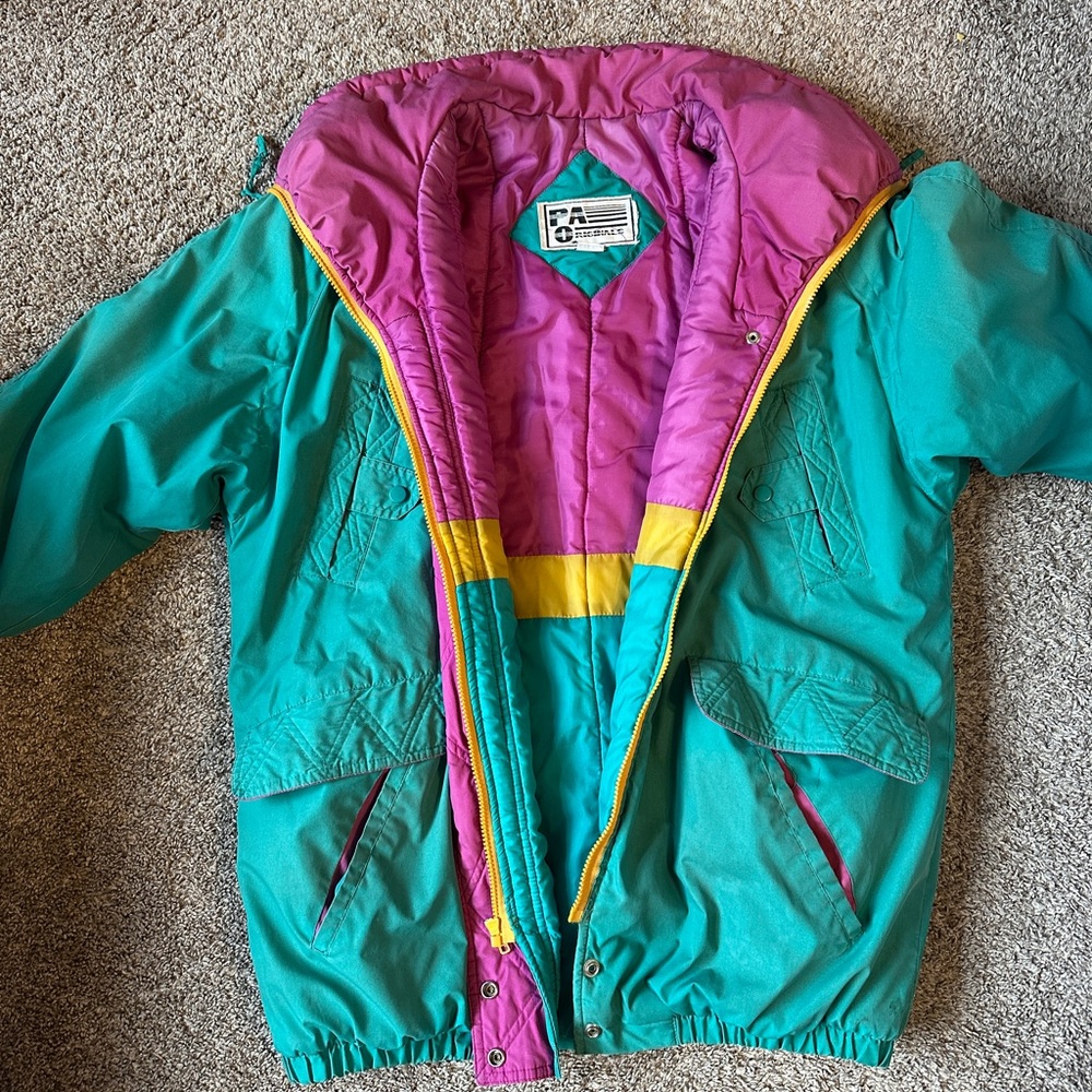 Retro Teal & Pink Colorblock Puffer Jacket with Yellow Trim